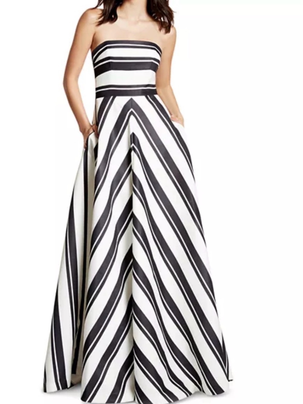 Halston Heritage Black & White Strapless Stripe Maxi Gown